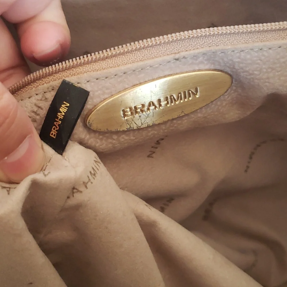 Brahmin Cream Tote with Brown Croc-Embossed Trim